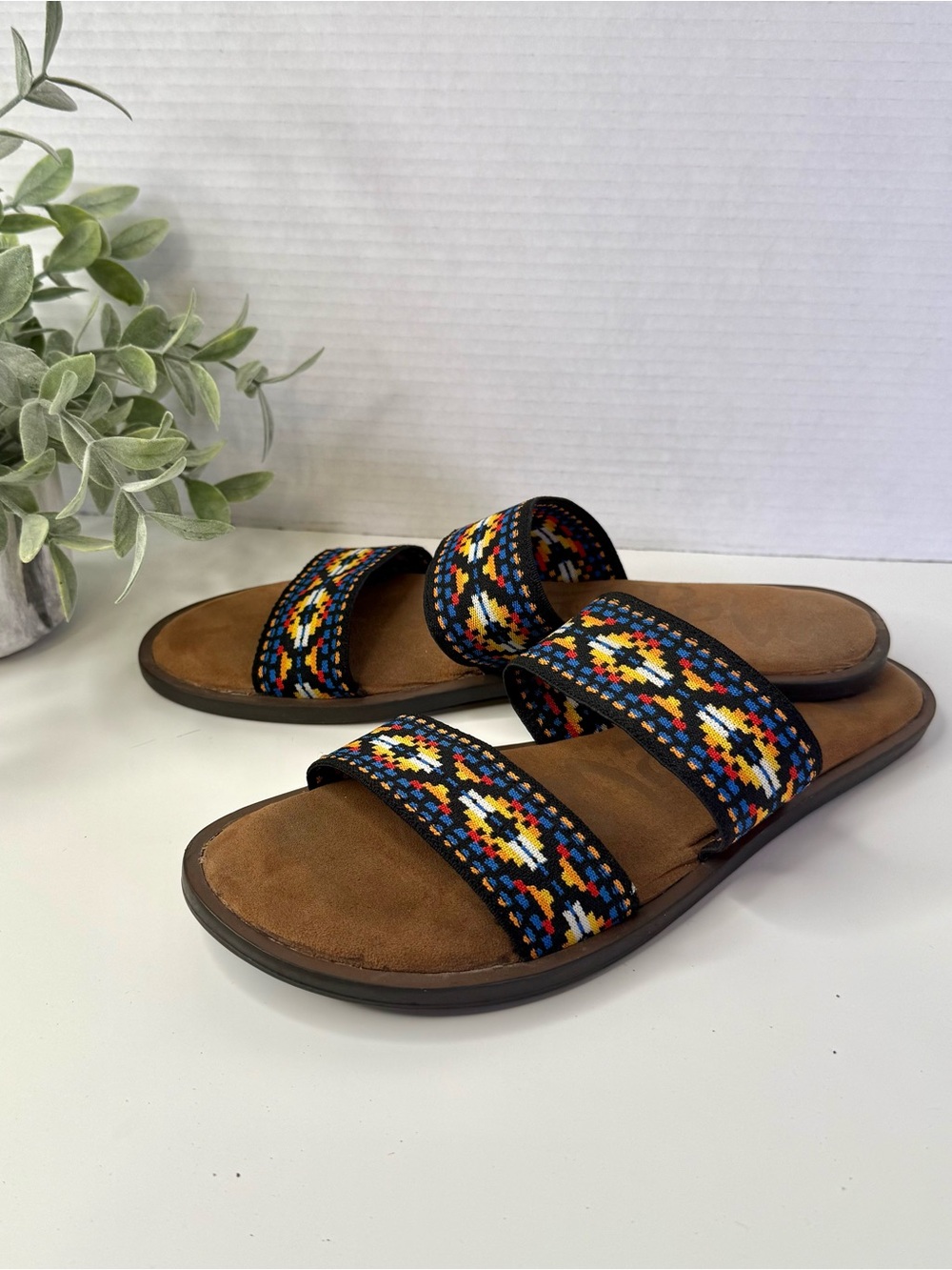 Mad Love Boho Aztec Woven Geometric Slide Sandals Double Strap Women's Size 10